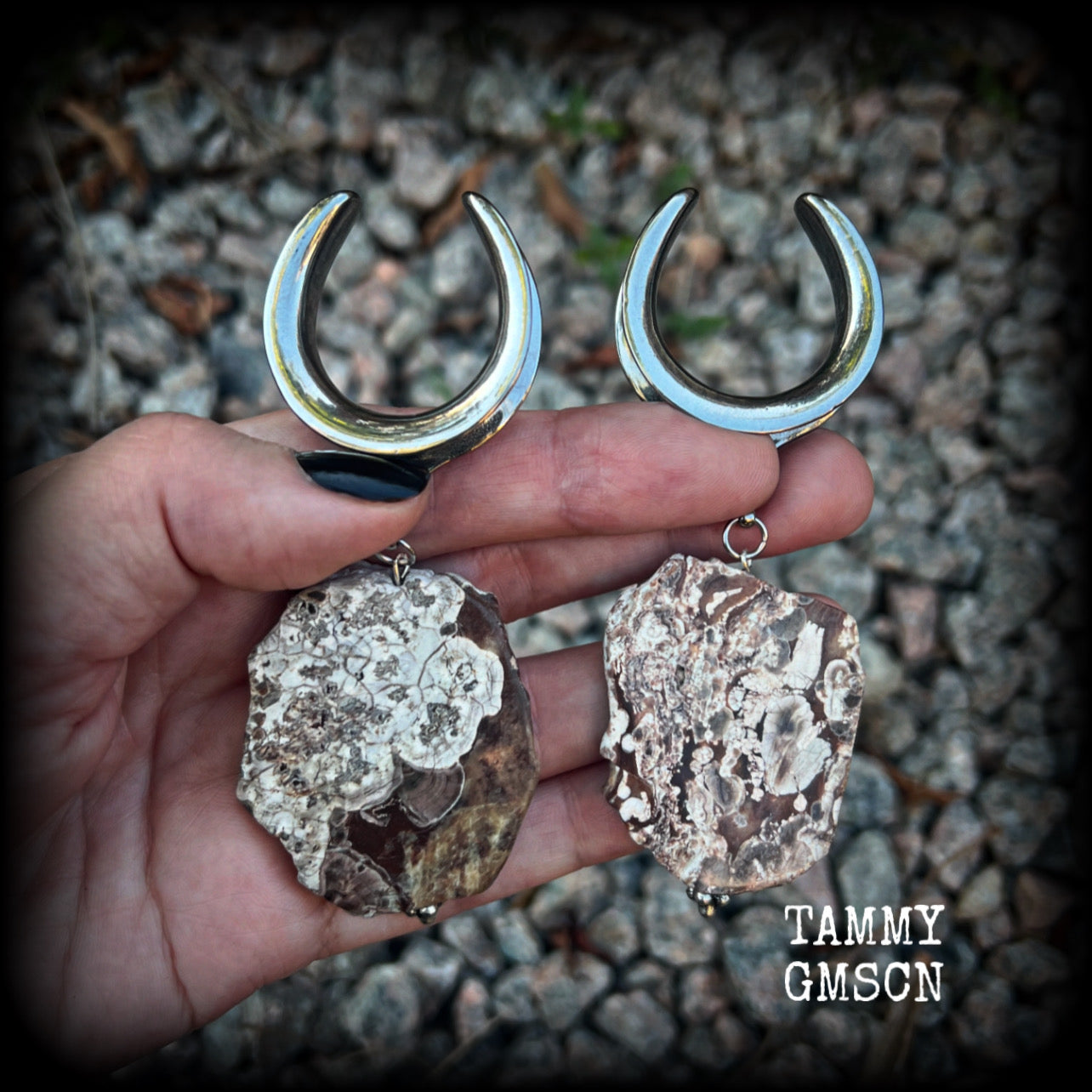 Petrified wood slice ear weights-Unique wood ear hangers