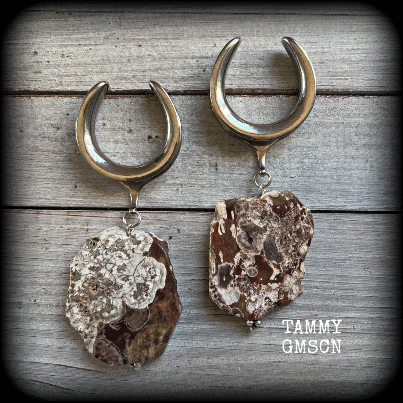 Petrified wood slice ear weights-Unique wood ear hangers