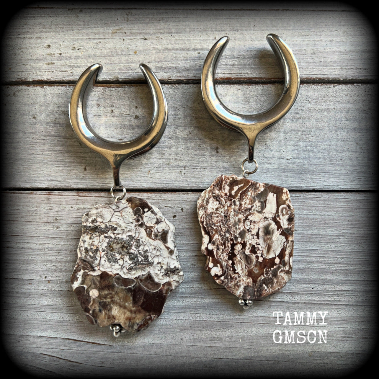 Petrified wood slice ear weights-Unique wood ear hangers