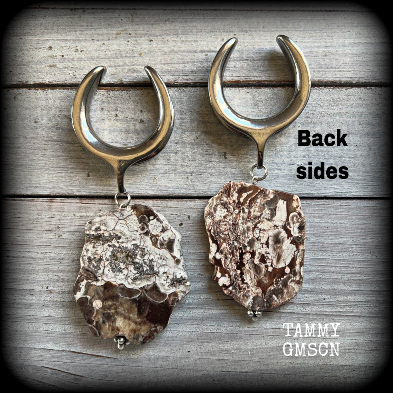 Petrified wood slice ear weights-Unique wood ear hangers