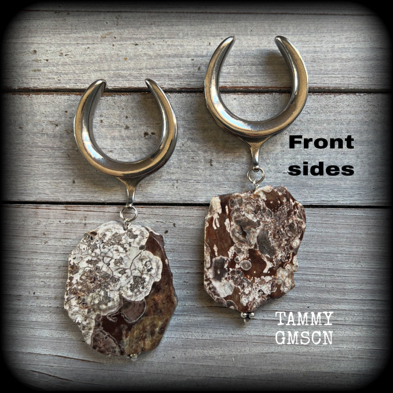 Petrified wood slice ear weights-Unique wood ear hangers
