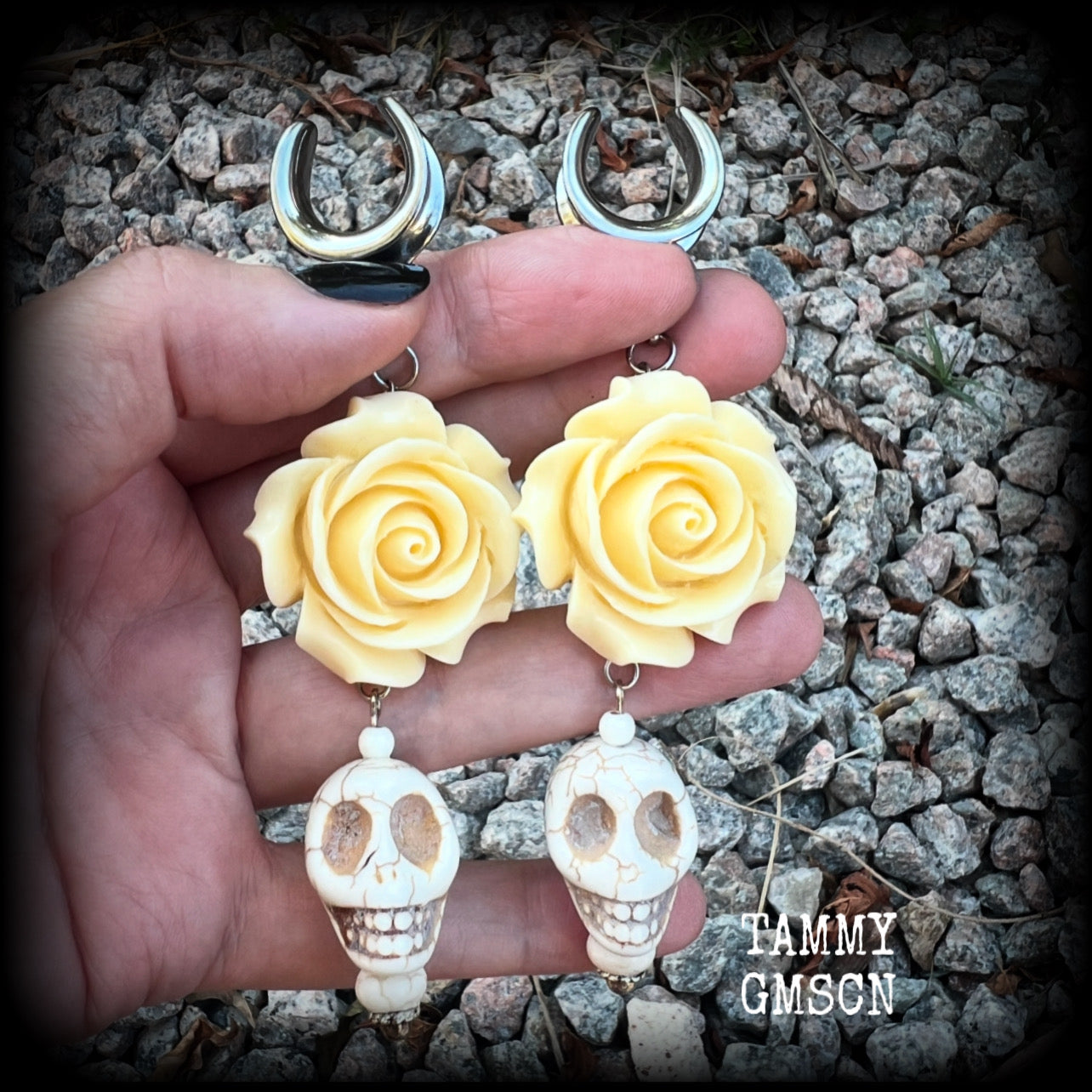 Day of the Dead skulls and roses ear weights-Los Muertos ear hangers