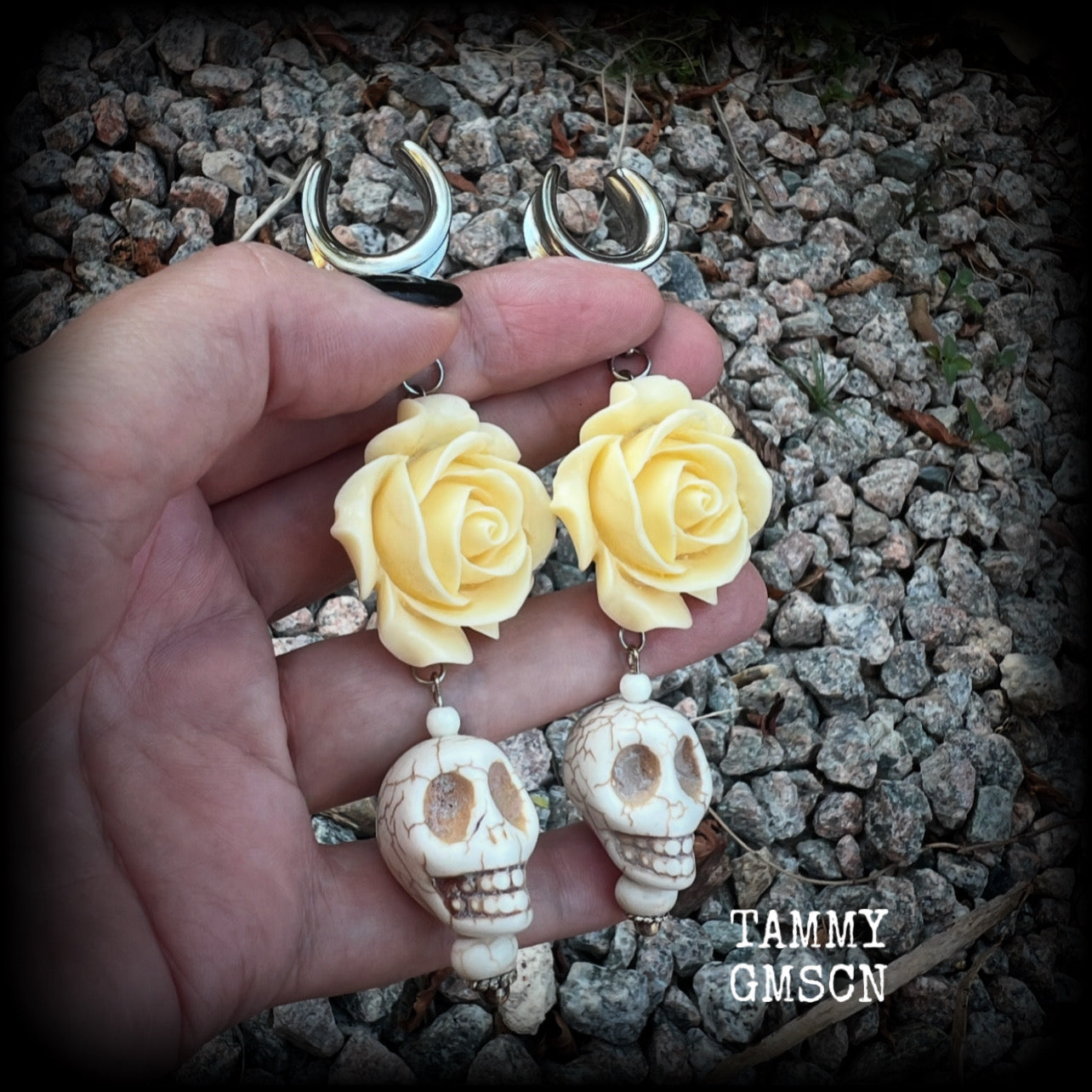 Day of the Dead skulls and roses ear weights-Los Muertos ear hangers
