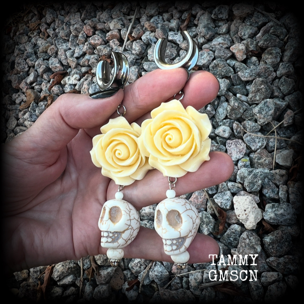 Day of the Dead skulls and roses ear weights-Los Muertos ear hangers