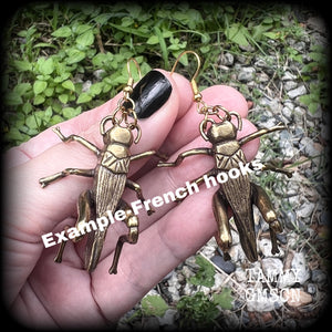 Cricket earrings Crickets earrings Bugs earrings Statement earrings Insect earrings Pierced ears Ear hangers Stretched lobes Gauged earrings Moss goth Cottagecore Entomology Curiosities Bugs and insects Whimsygoth Whimsigoth Forestcore Forestpunk