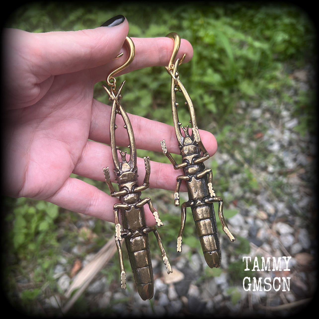 Brass beetle ear hangers Insect ear weights Statement ear weights Capricorn beetle 6mm 8mm 10mm 12mm 14mm 16mm 19mm 22mm 25mm 28mm 30mm Stretched ears Stretched lobes Heavy ear hangers Bugs ear weights Cottagecore earrings Forestpunk earrings Gauges