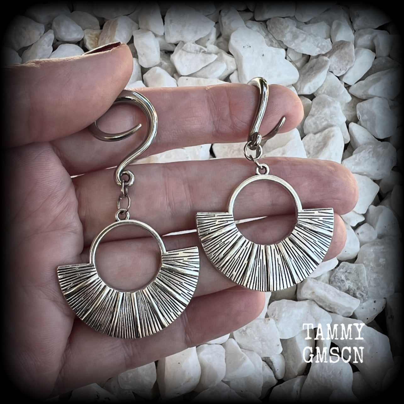 Inspired by Ishtar, Mesopotamian Goddess of love, beauty, sex and war, these unique ethnic inspired gauged earrings feature lovely dangly antique silver battle shields, nice and lightweight at approx 6 grams each, and nice and dangly at 6.5 cms from tip to tip.

This pair has been made on 6 gauge (4mm) surgical steel full curl hooks, to be worn in stretched lobes.