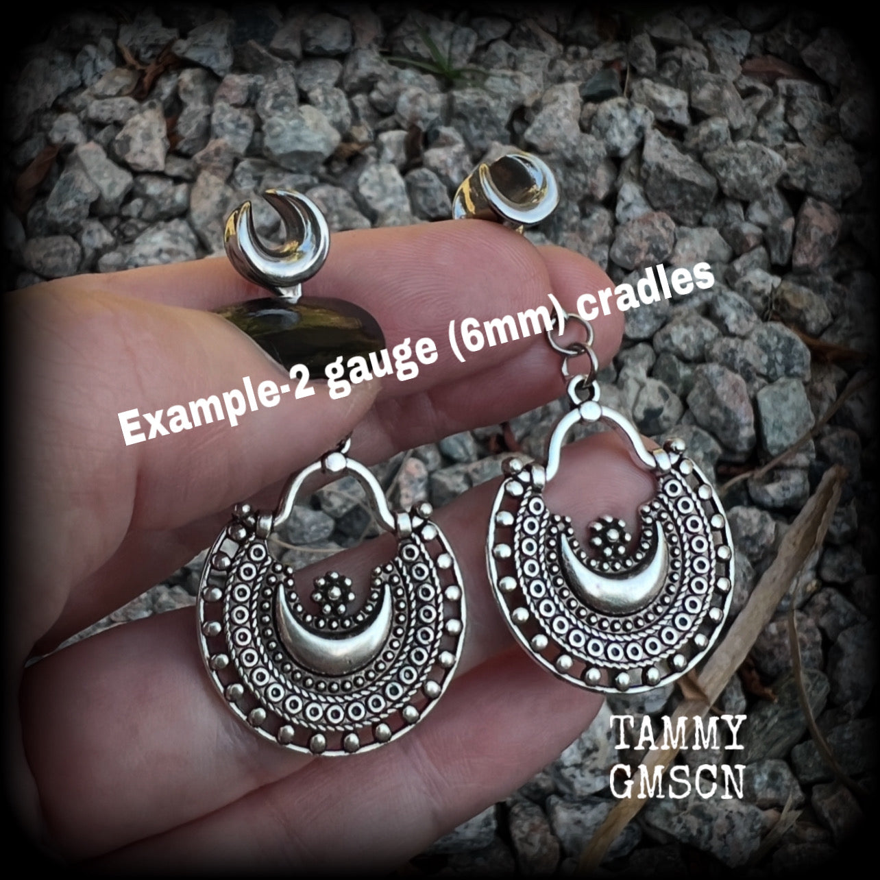 Goddess Ishtar gauged earrings-Ornate crescent moon ear hangers