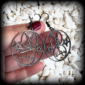 These gorgeous stainless steel earrings feature the Sigil of Lilith with the Sigil of Lucifer flanked by inverted pentagrams on each side. These earrings are lovely and light weight, weighing approx only a gram or two each, and measure just on 6 cms from tip to tip.  This pair has been made with french hooks, for pierced ears.