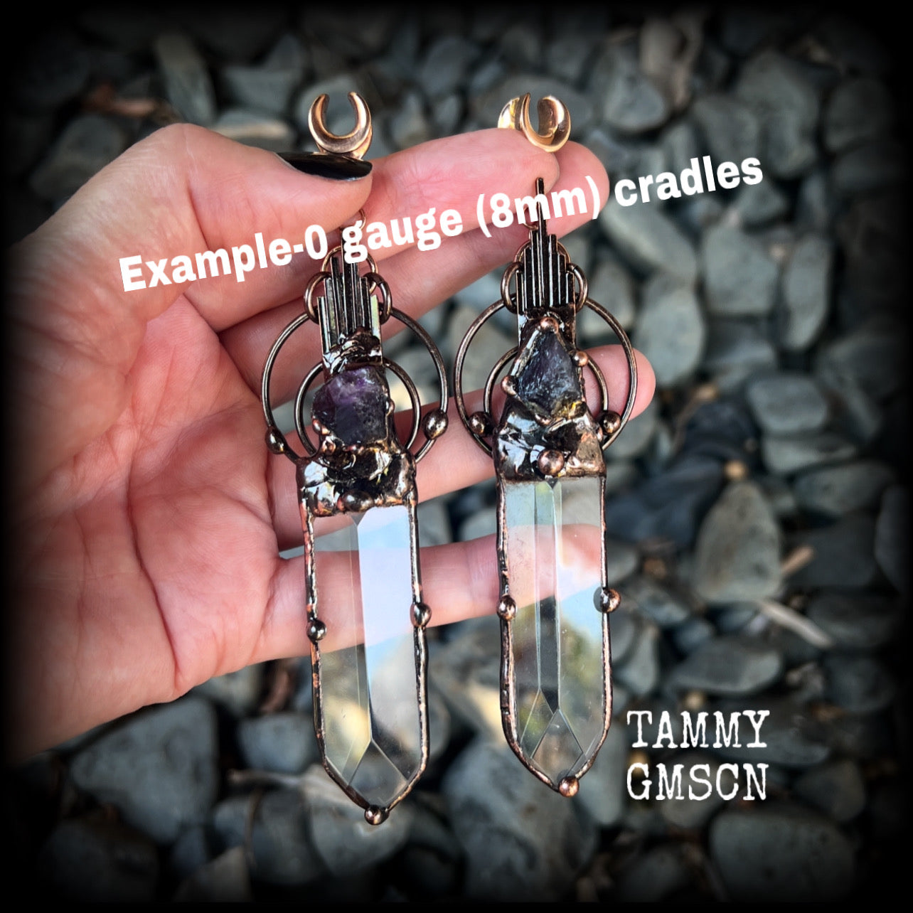 Clear quartz dagger and amethyst gauged earrings-Gemstone ear weights