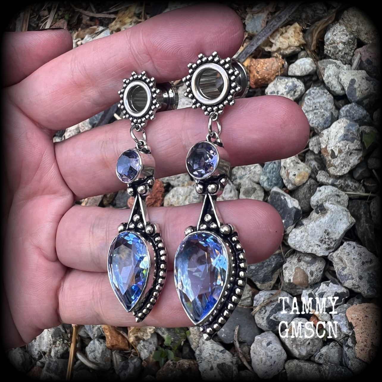 Blue topaz gauged earrings Gemstone tunnel earrings Gemstone ear weights Ear hangers Boho ear jewellery 