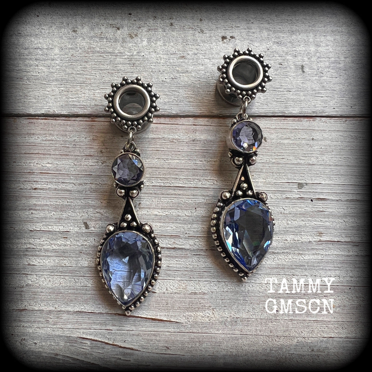 Blue topaz gauged earrings Gemstone tunnel earrings Gemstone ear weights Ear hangers Boho ear jewellery 