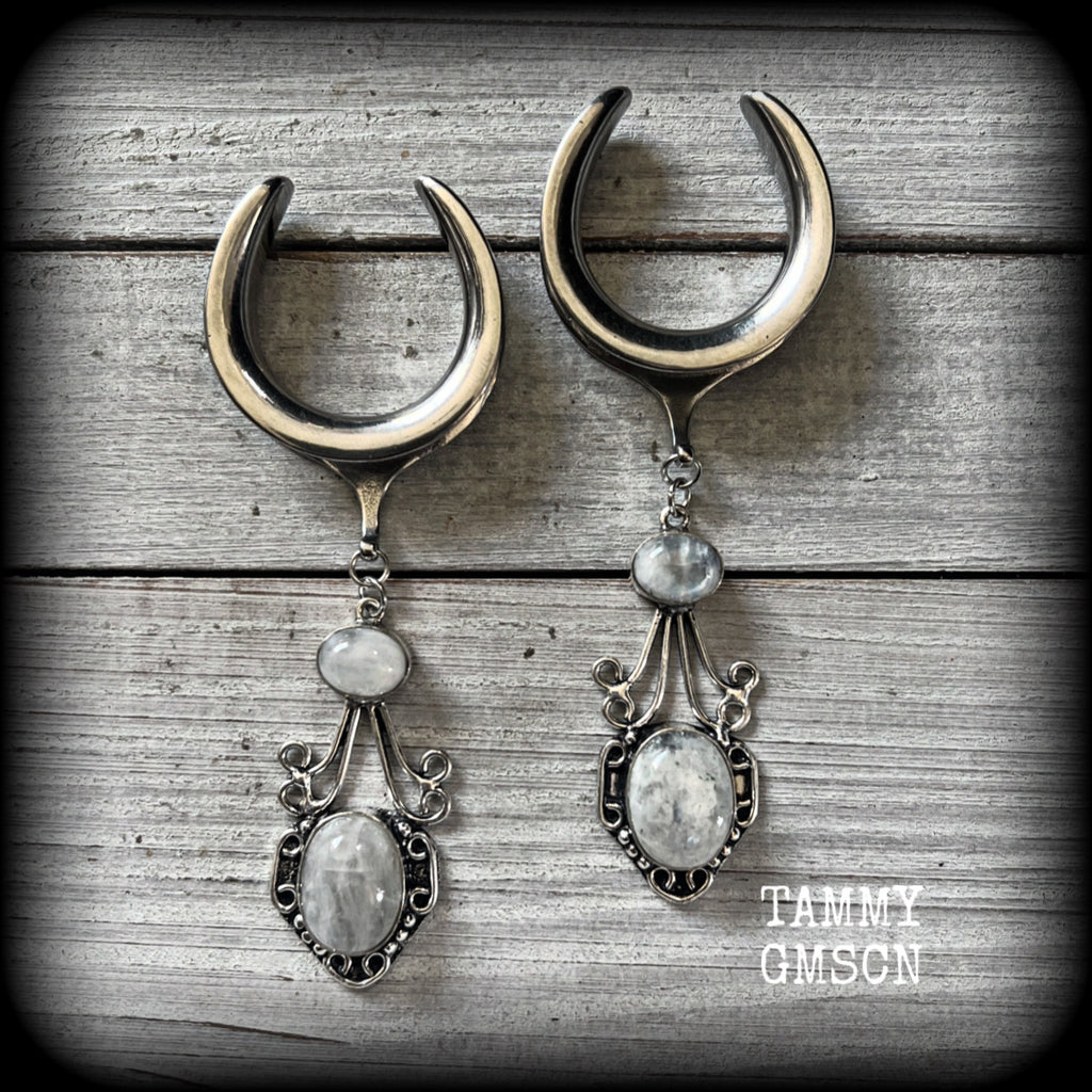 Rainbow moonstone gauged earrings-Gemstone ear hangers