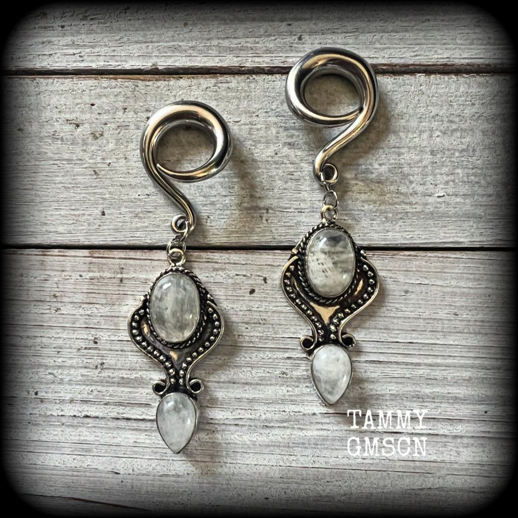 Moonstone boho gauged earrings-Gemstone ear weights