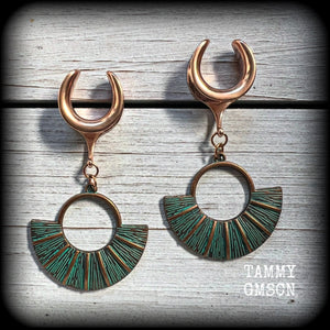 Inspired by Ishtar, Mesopotamian Goddess of love, beauty, sex and war, these beautiful patina and rose gold battle shield gauged earrings weigh approx 8 grams a piece, and measure just under 7 cms from tip to tip.

This pair have been made on 5/8” gauge (16mm) surgical steel cradles, suitable for stretched lobes.