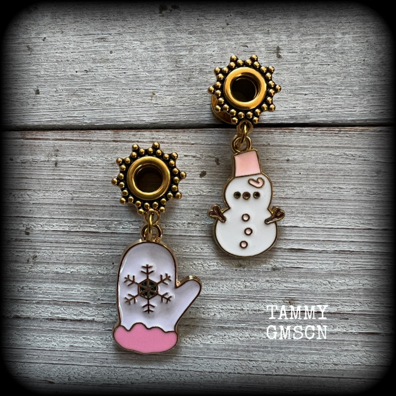 Snowman and winter mittens tunnel earrings-Christmas earrings