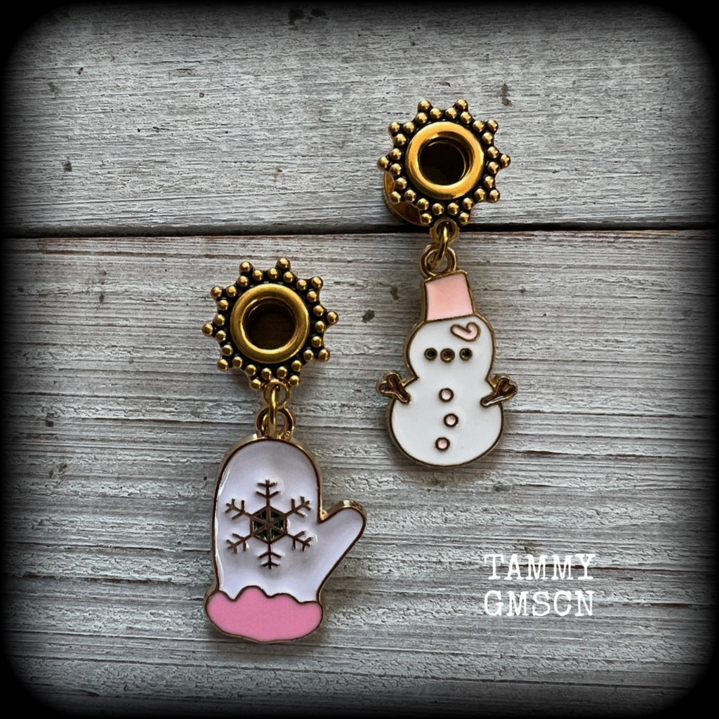 Snowman and winter mittens tunnel earrings-Christmas earrings