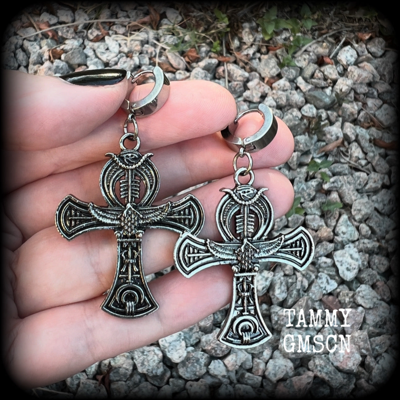 These gorgeous antique silver Egyptian ankh cross earrings measure just on 6cms from tip to tip, and are nice and light weight, at 8 grams each.  This pair have been made on stainless steel huggies-suitable for pierced ears.