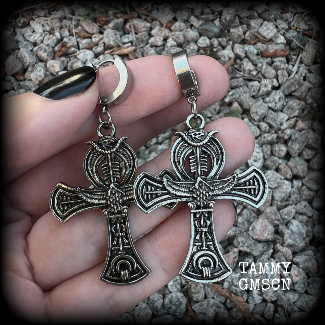 These gorgeous antique silver Egyptian ankh cross earrings measure just on 6cms from tip to tip, and are nice and light weight, at 8 grams each.  This pair have been made on stainless steel huggies-suitable for pierced ears.