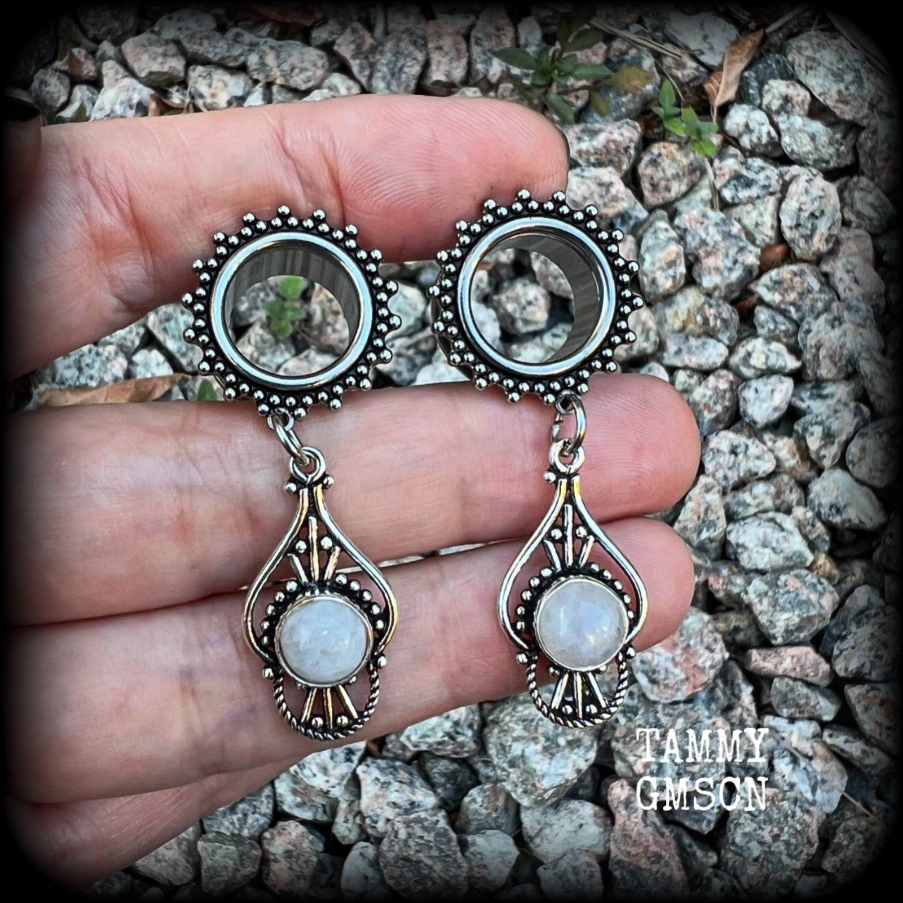 Rainbow moonstone tunnel earrings-Boho gauges