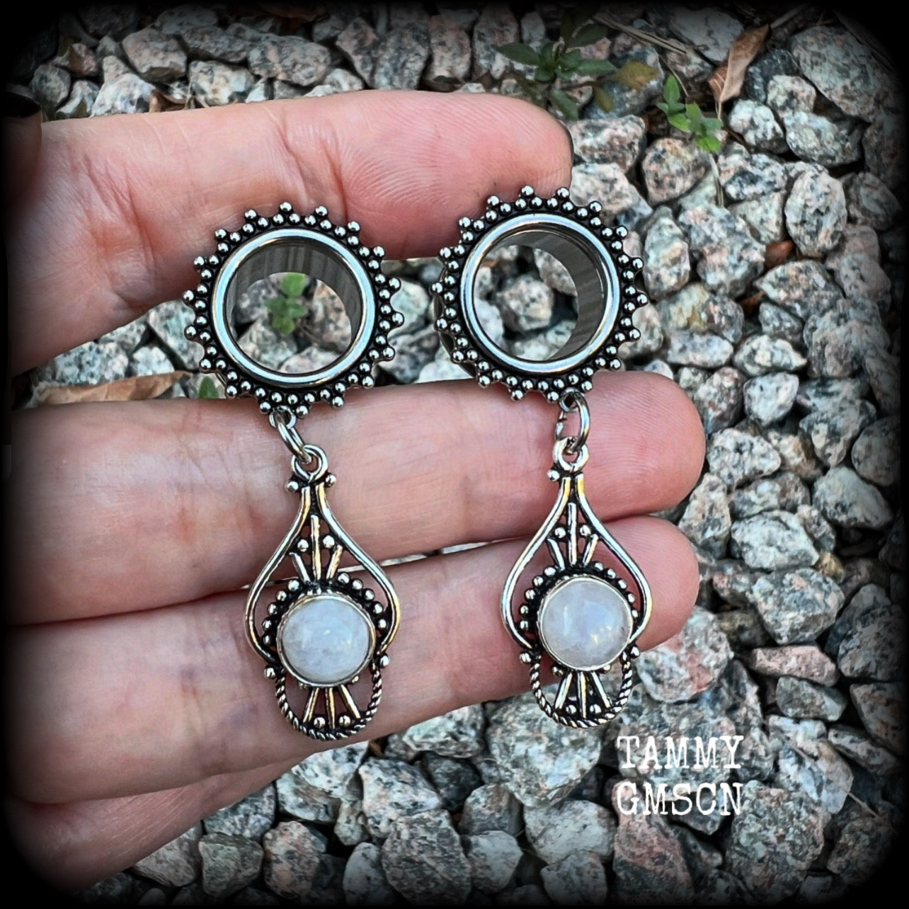 Rainbow moonstone tunnel earrings-Boho gauges