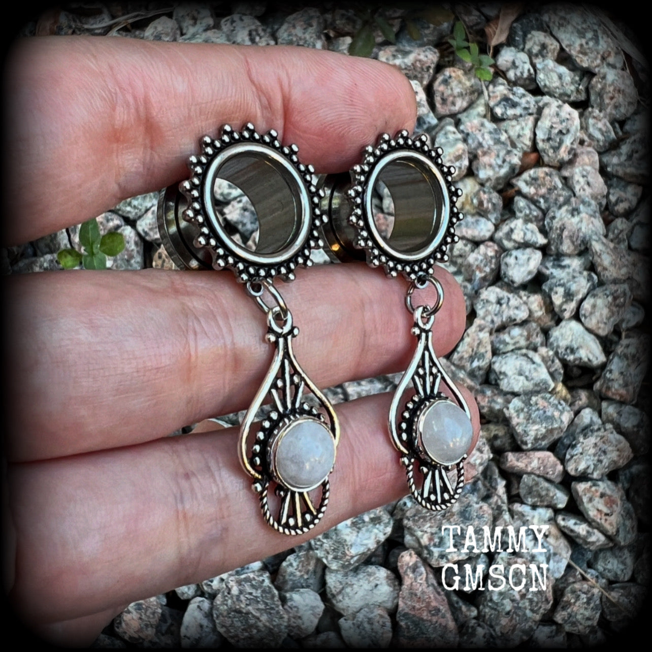 Rainbow moonstone tunnel earrings-Boho gauges