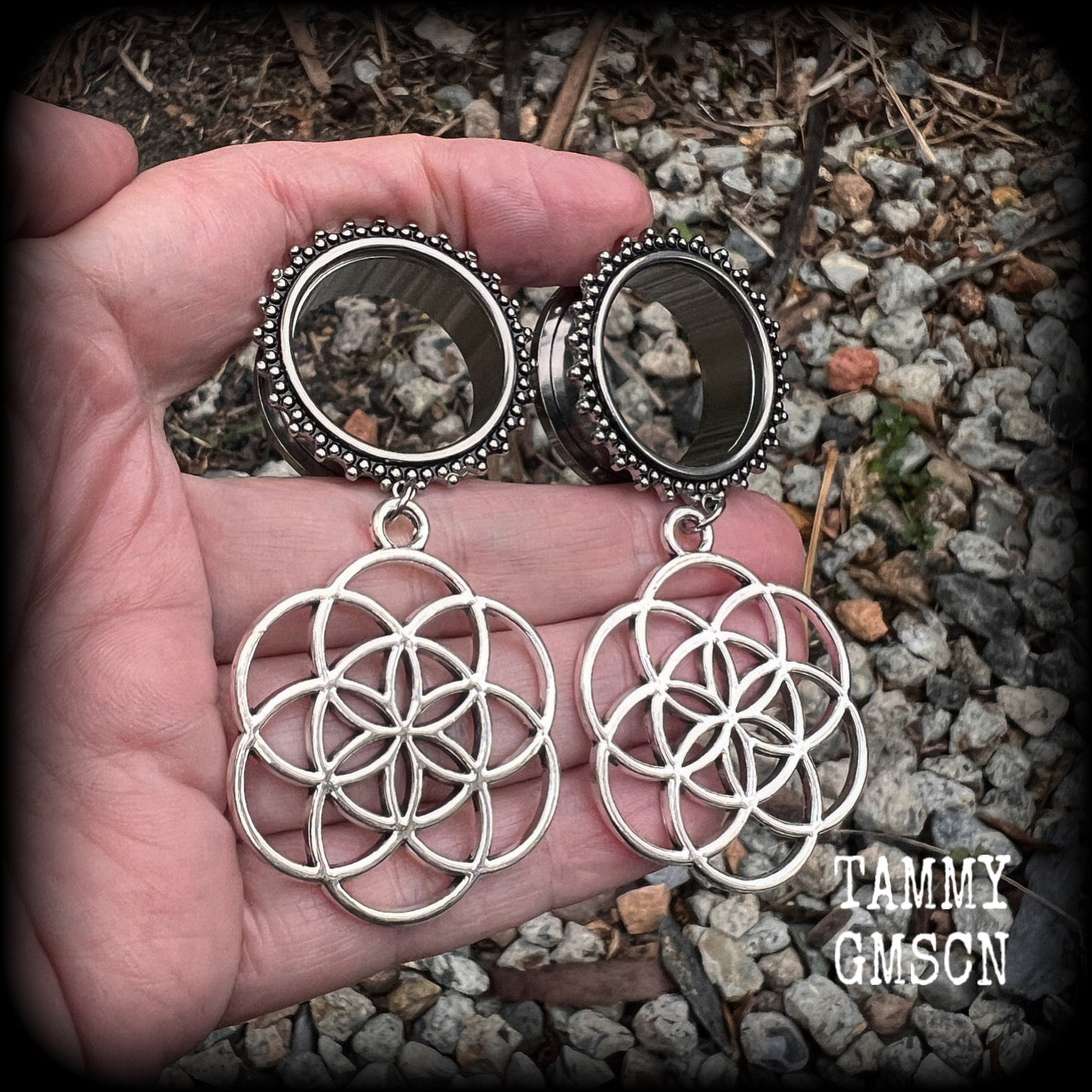 Flower of Life tunnel earrings Geometric tunnel dangles Boho earrings Gauged earrings Ear gauges Geometric body jewelry Sacred geometry