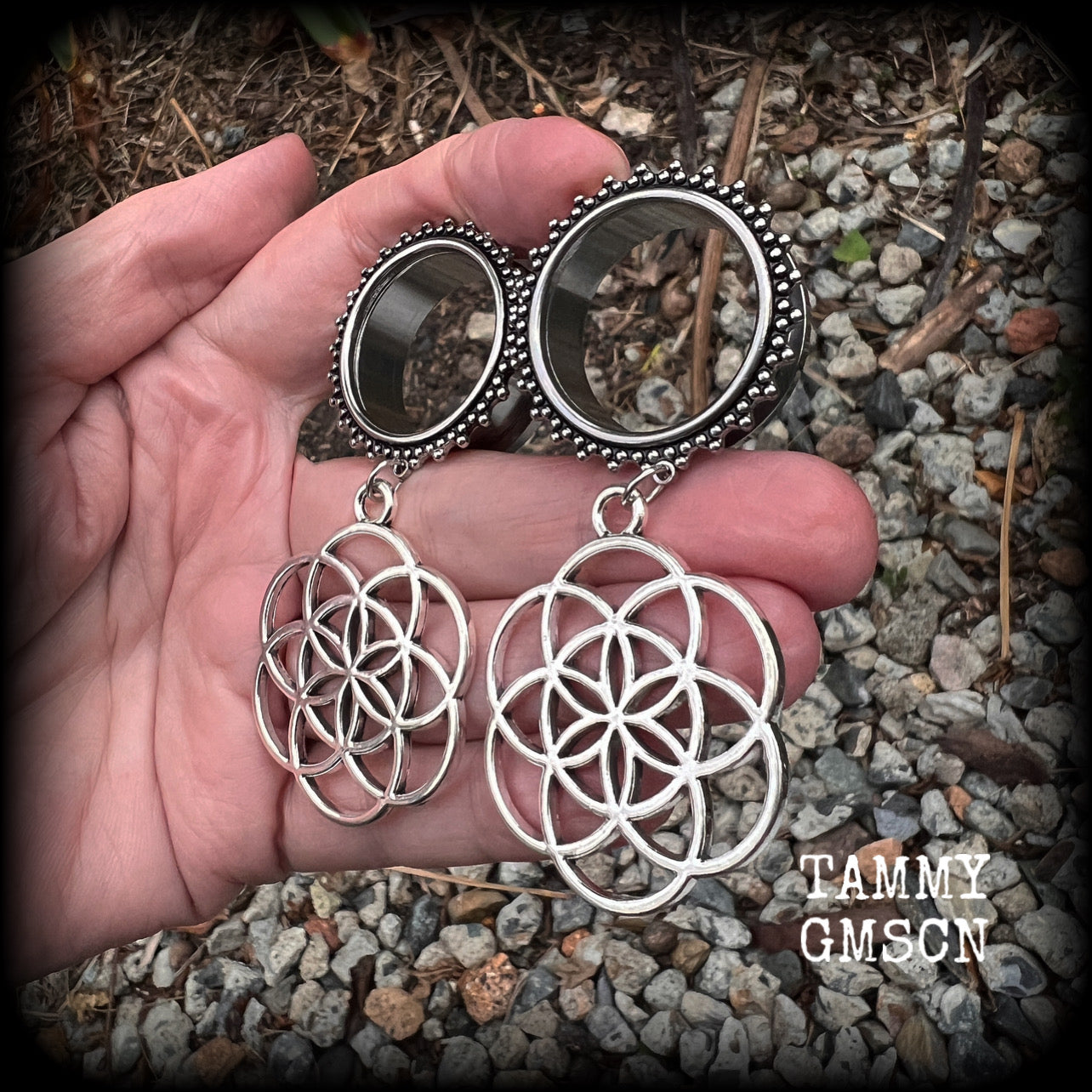 Flower of Life tunnel earrings Geometric tunnel dangles Boho earrings Gauged earrings Ear gauges Geometric body jewelry Sacred geometry