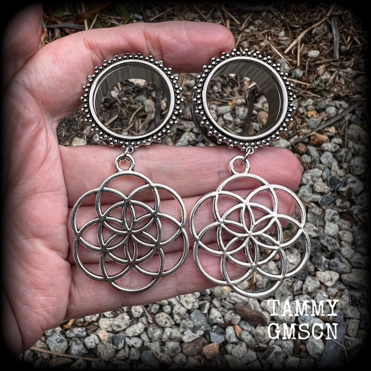 Flower of Life tunnel earrings Geometric tunnel dangles Boho earrings Gauged earrings Ear gauges Geometric body jewelry Sacred geometry