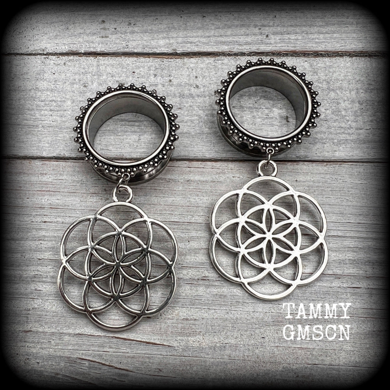 Flower of Life tunnel earrings Geometric tunnel dangles Boho earrings Gauged earrings Ear gauges Geometric body jewelry Sacred geometry