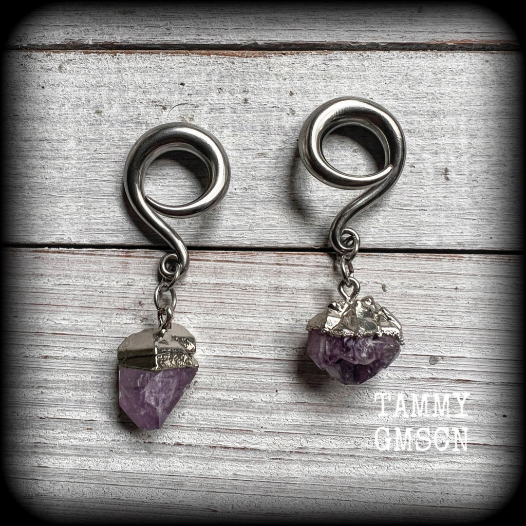 Amethyst earrings for stretched lobes Gemstone ear hangers Amethyst ear weights Ear gauges Gemstone body jewellery 