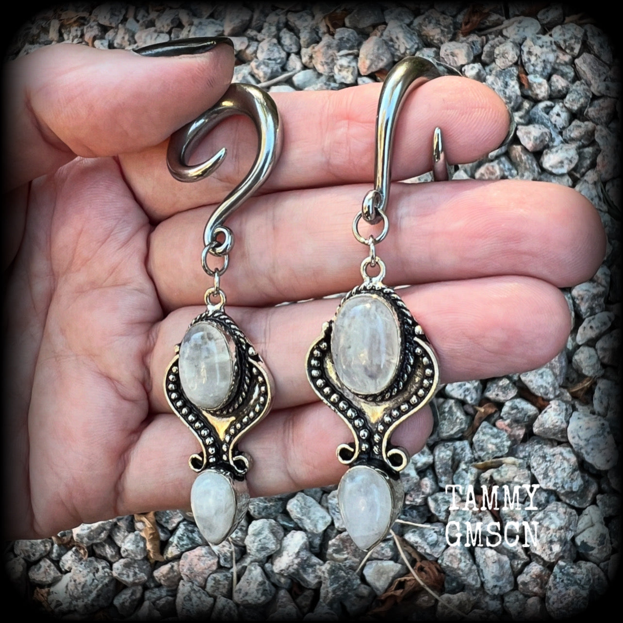 Moonstone boho gauged earrings-Gemstone ear weights