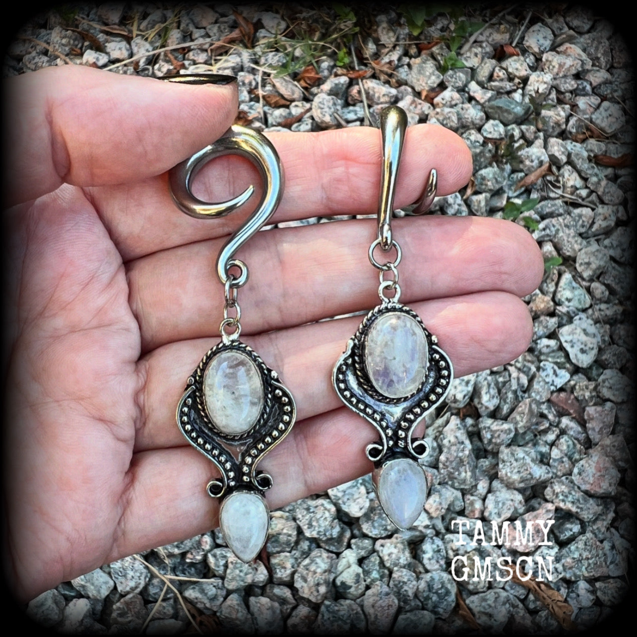 Moonstone boho gauged earrings-Gemstone ear weights