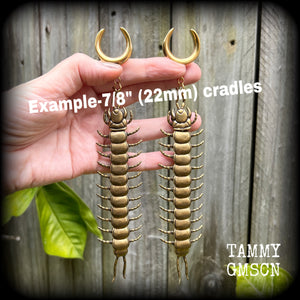 Brass centipede ear hangers Millipede earrings Insect ear weights 6 gauge 4mm ear weights 6mm 8mm 10mm 12mm 14mm 16mm 19mm 22mm 25mm Stretched ears Stretched lobes Invertebrates Gauged earrings Gauged ears 2g 0g 00g 1/2&quot; 9/16&quot; 5/8 3/4 7/8 