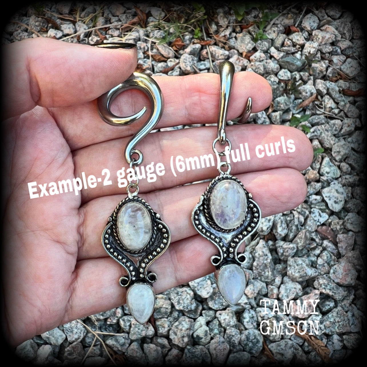 Moonstone boho gauged earrings-Gemstone ear weights