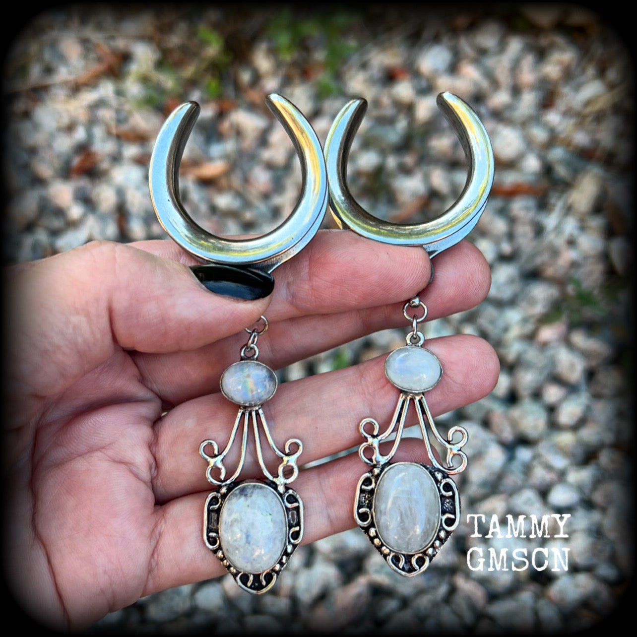 Rainbow moonstone gauged earrings-Gemstone ear hangers
