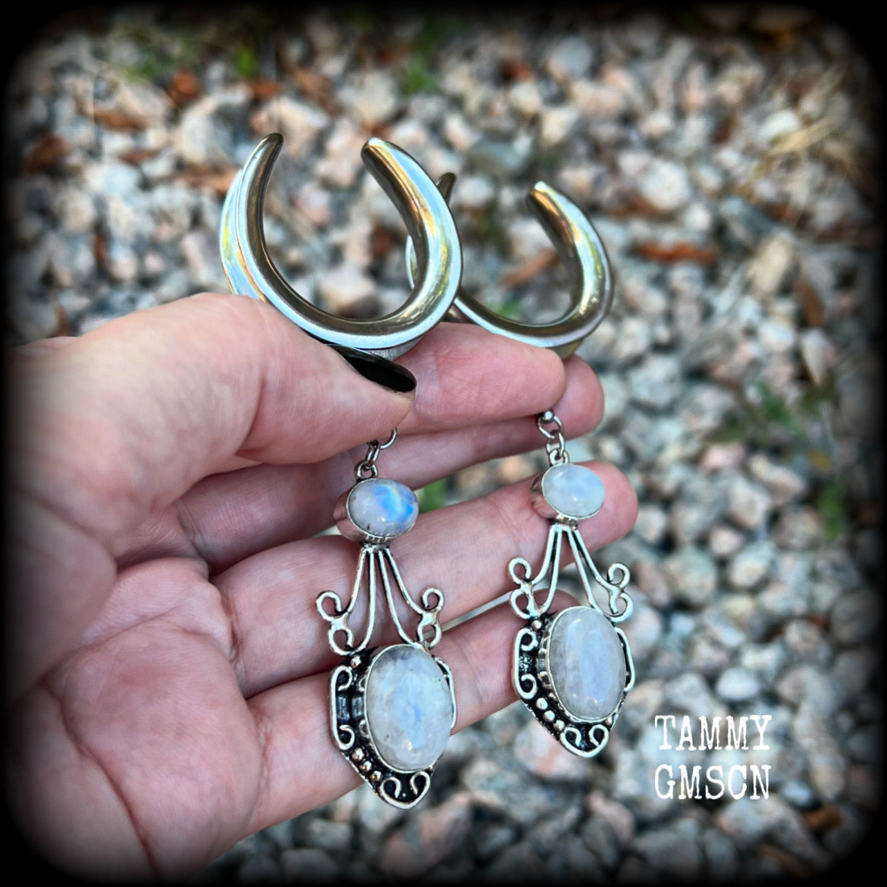Rainbow moonstone gauged earrings-Gemstone ear hangers