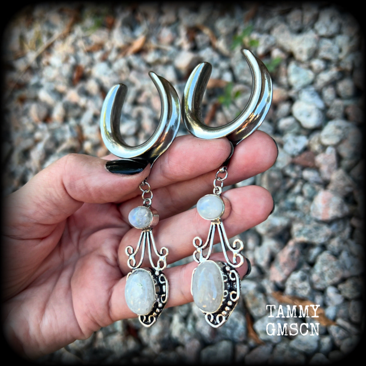 Rainbow moonstone gauged earrings-Gemstone ear hangers