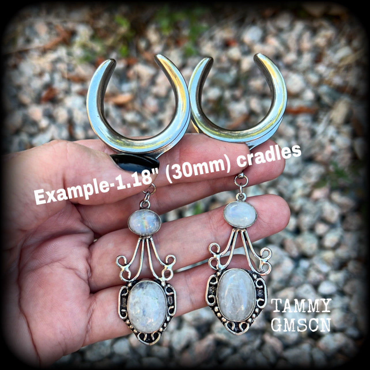 Rainbow moonstone gauged earrings-Gemstone ear hangers