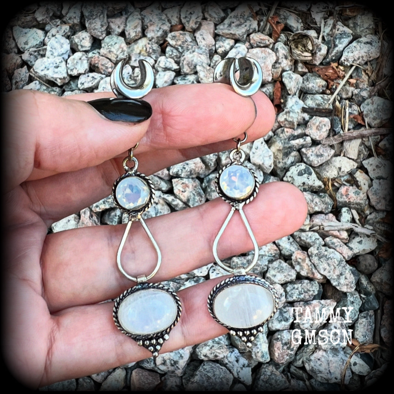 Rainbow moonstone gauged earrings-Gemstone ear hangers