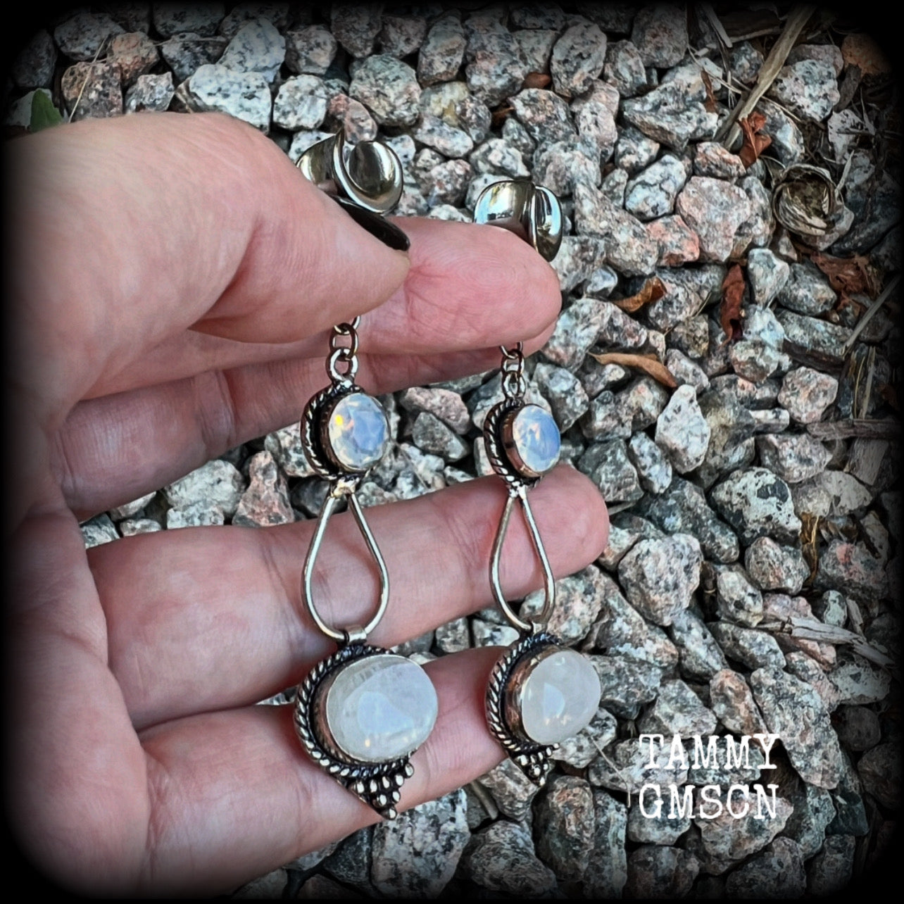 Rainbow moonstone gauged earrings-Gemstone ear hangers