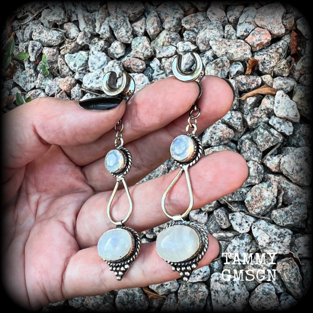 Rainbow moonstone gauged earrings-Gemstone ear hangers