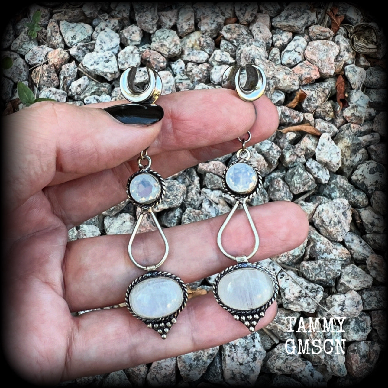 Rainbow moonstone gauged earrings-Gemstone ear hangers