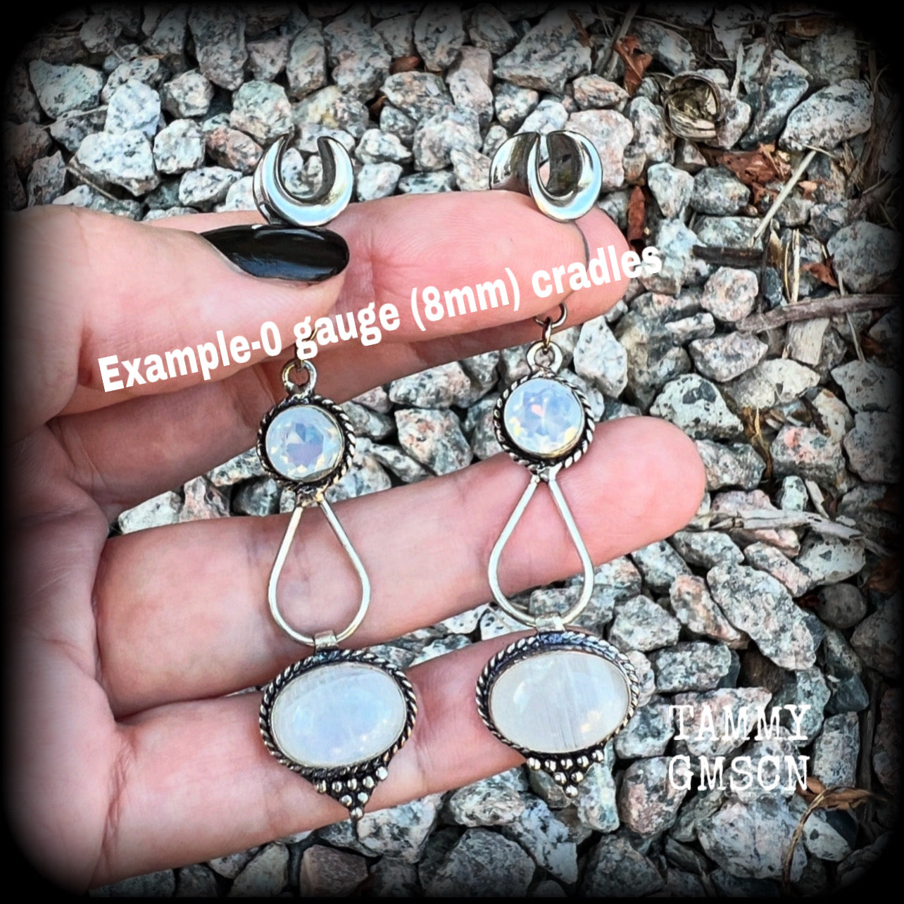 Rainbow moonstone gauged earrings-Gemstone ear hangers