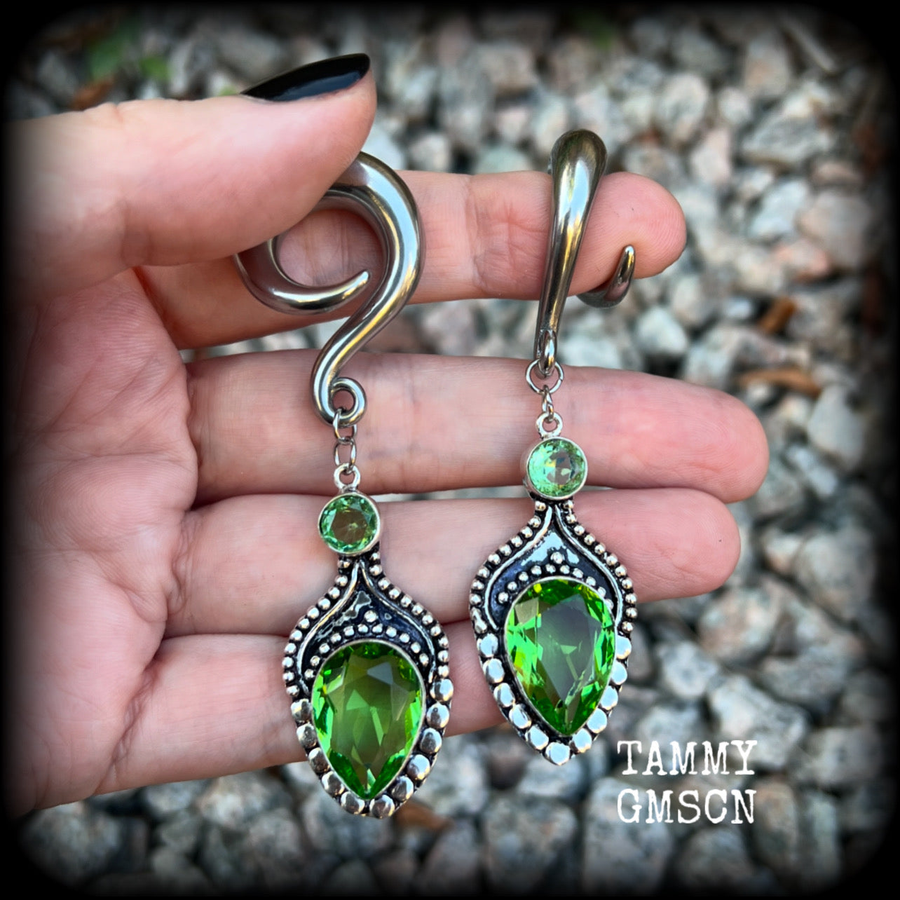 Peridot gemstone gauged earrings-Boho ear weights