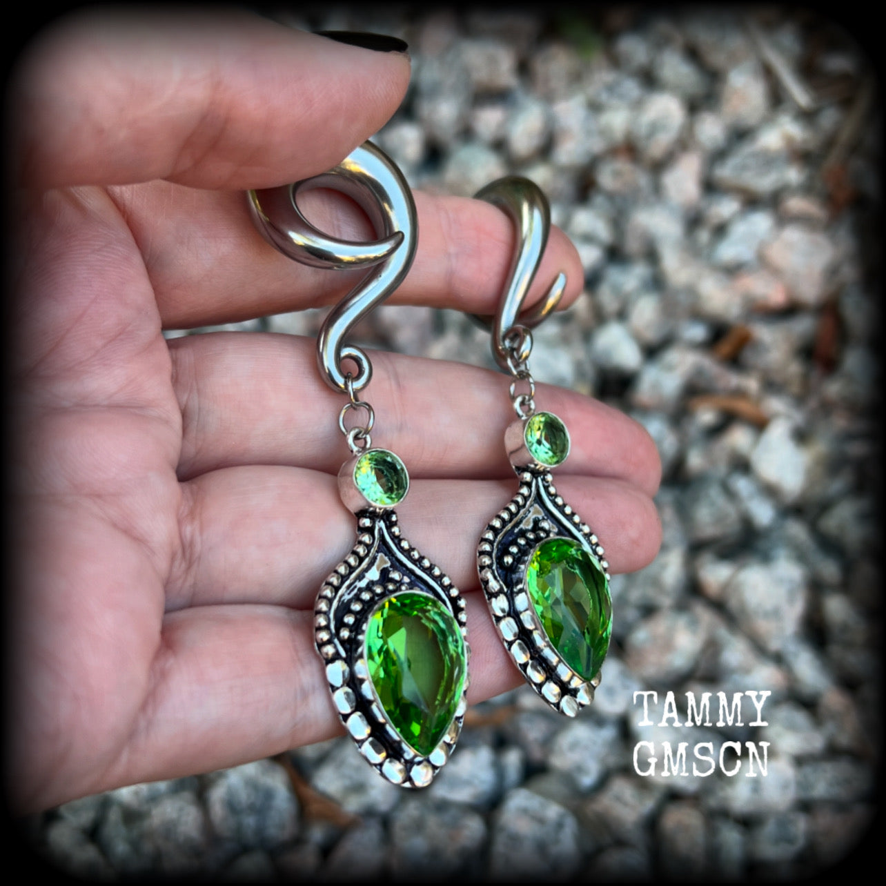 Peridot gemstone gauged earrings-Boho ear weights