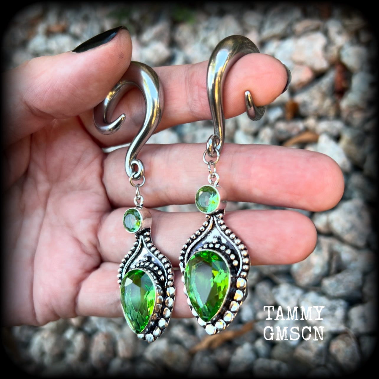 Peridot gemstone gauged earrings-Boho ear weights