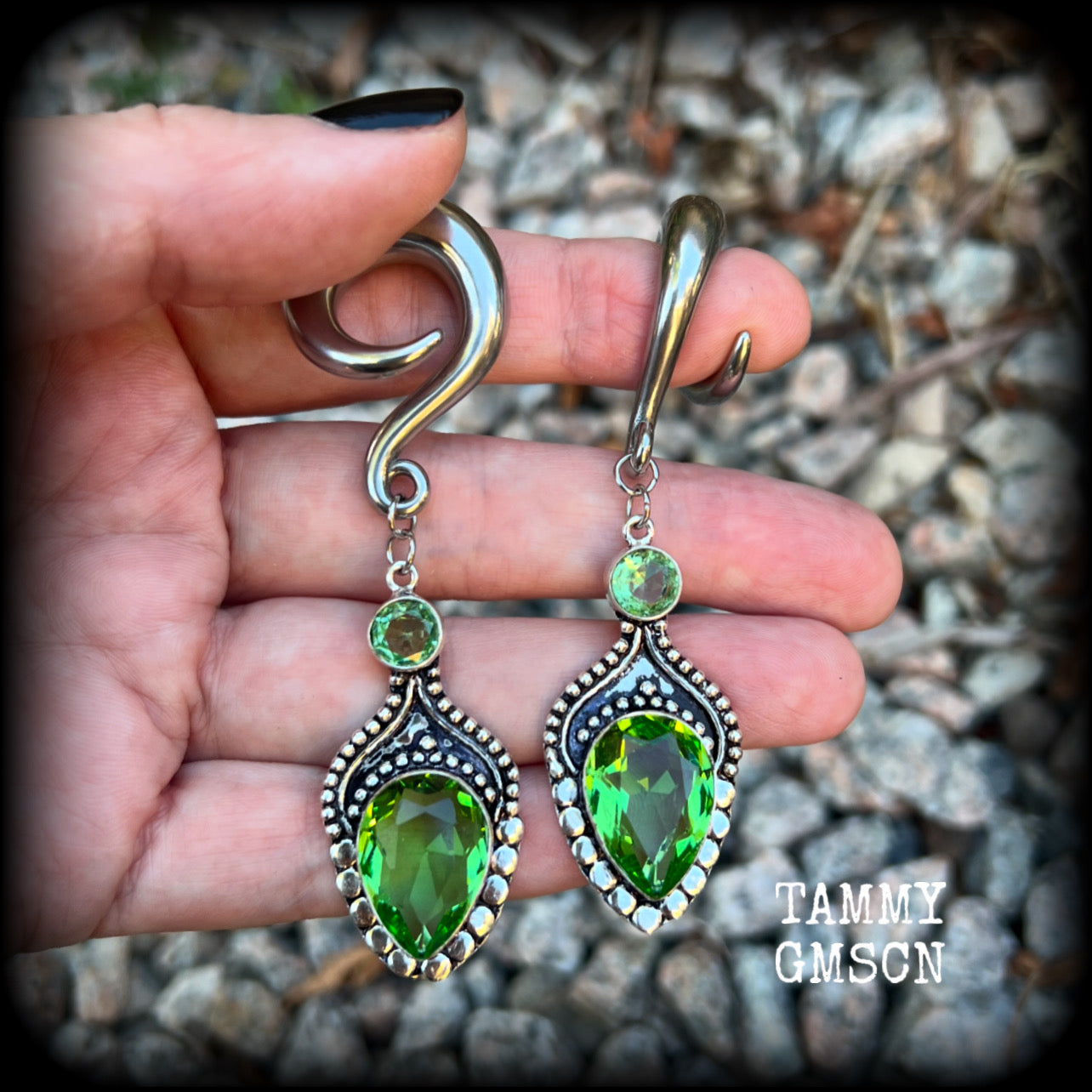 Peridot gemstone gauged earrings-Boho ear weights