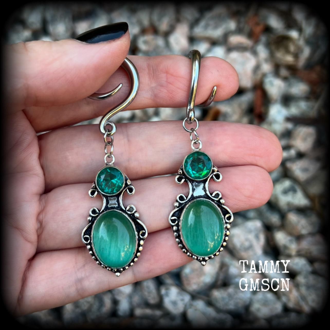 Green topaz gauged earrings-Gemstone ear hangers