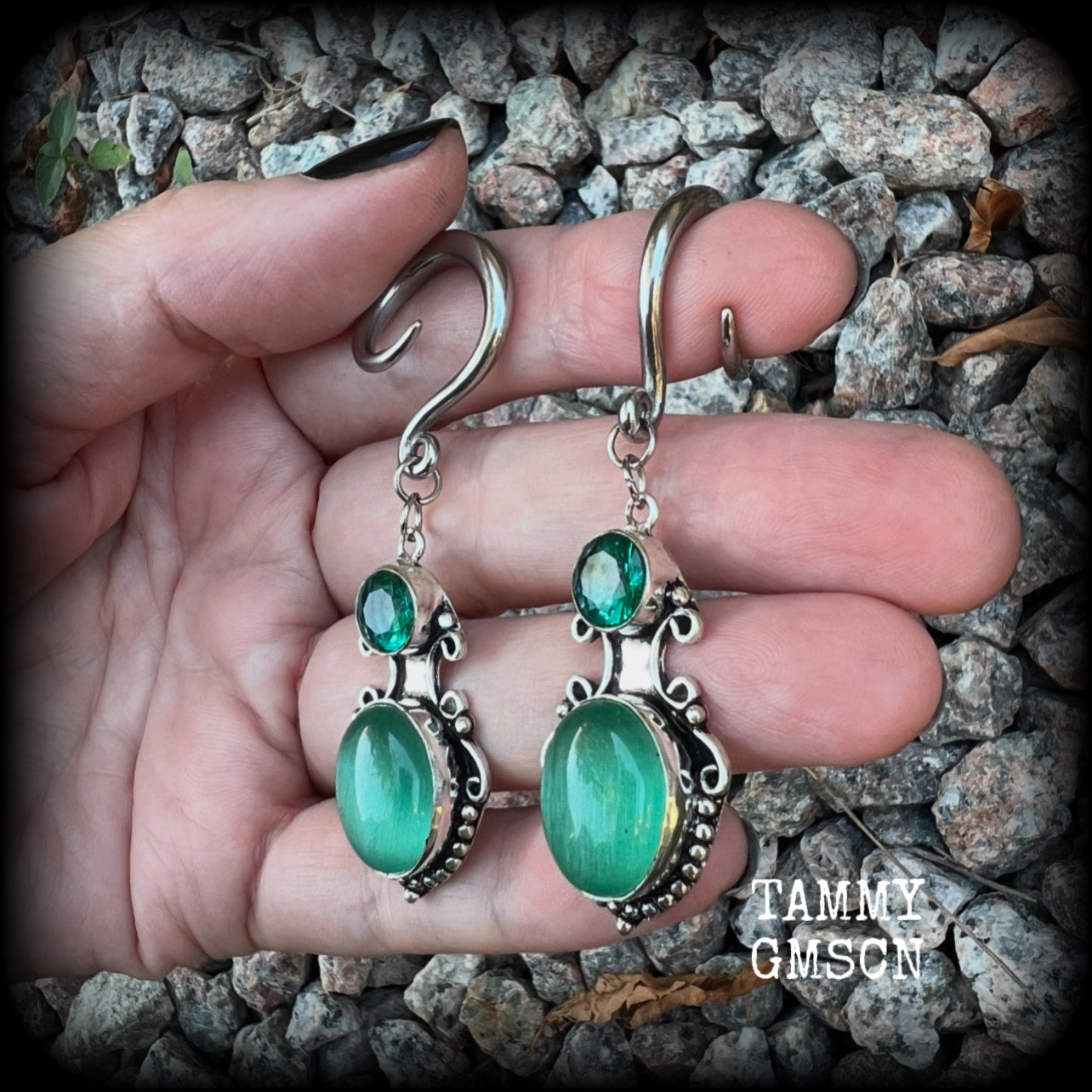 Green topaz gauged earrings-Gemstone ear hangers